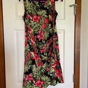 Sleeveless Black Midi Dress with Pink & Green Tropical Floral Print